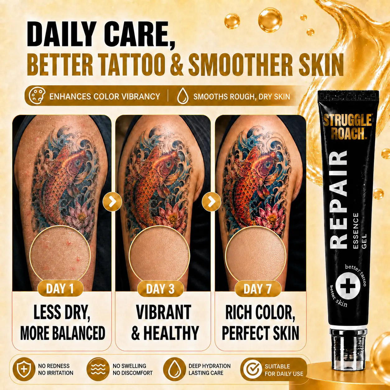 StruggleRoach 20ml Tattoo Aftercare Essence Gel Cream - Non-Sticky Transparent Texture, Hydrating, Anti-Fade Color Protection, Healing-Accelerating, Dryness & Itching-Relieving, Moisturizing for Daily Care, All Skin Types, Clean, Tube, Accelerates Skin Re