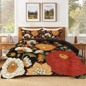 King 3 Piece Boho Floral Quilt Sets  for Hot Sleepers Farmhouse Botanical Reversible Lightweight Bedspread Coverlet with 2 Shams Mid Century Leaves Microfiber Bedding Quilts Set for All Season summerwins rustic  mothers'day gift