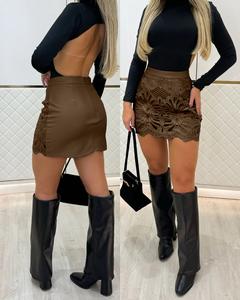 CHICME Women's Pu Leather Hollow-out Pattern Zipper Back Wedding Guest Bodycon Skirt