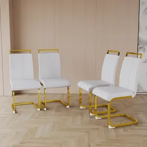 Modern Dining Chairs Set of 4, High Back PU Faux Leather Upholstered Side Chairs with Gold C-Shaped Metal Legs, Comfortable Kitchen Dining Room Office Guest Chairs, White