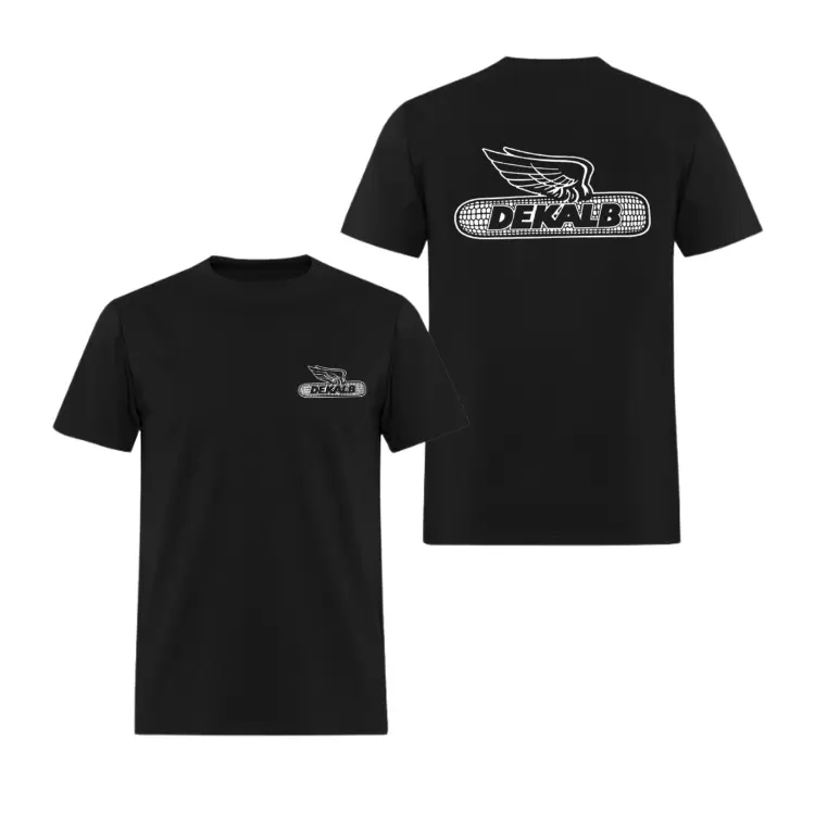 Men's Dekalb Winged Corn Logo Ring-Spun Cotton Oversized Tee - Crew Round Neck Short-Sleeve, 2-Sided Hand-Drawn Art Vintage Monochrome Print, Fitted Option, Cold Machine Wash, Agriculture Apparel, Farmers Gift, All Seasons Streetwear Sports Top