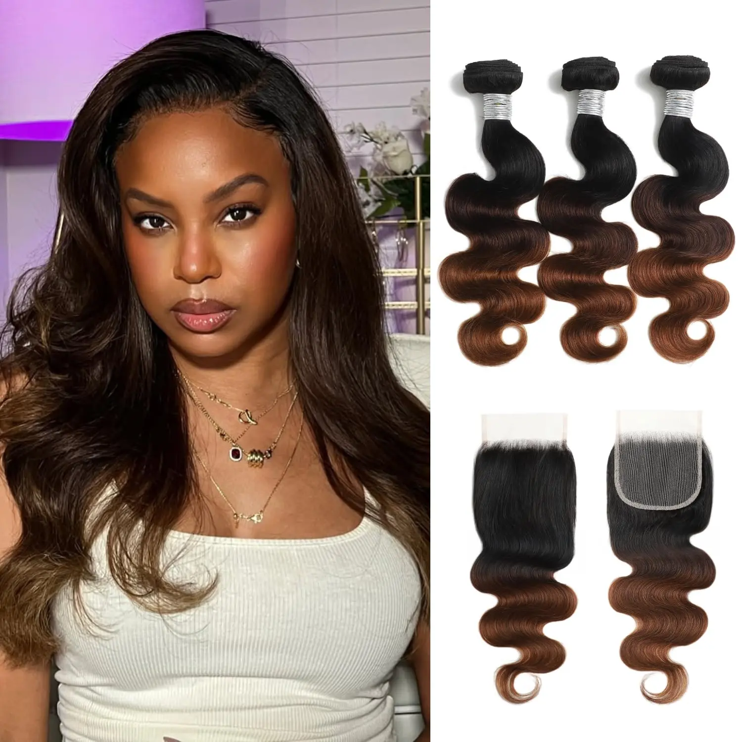T1B/2/30 Chestnut Brown Ombre Human Hair Bundles Body Wave, 10A Thick Track 100% Virgin Human Hair Bundles with 4x4, 5x5, 2x6 Closure 13x4 Frontal  Dark Roots Bundle 3 Tone Ombre Medium Auburn Colored Quick Weaves
