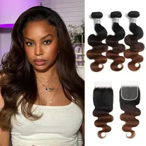 T1B/2/30 Chestnut Brown Ombre Human Hair Bundles Body Wave, 10A Thick Track 100% Virgin Human Hair Bundles with 4x4, 5x5, 2x6 Closure 13x4 Frontal  Dark Roots Bundle 3 Tone Ombre Medium Auburn Colored Quick Weaves