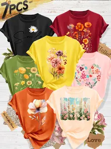 7Pcs Women's Crew Neck T-Shirts, Minimal Floral & Slogan Series Print, Multiple Colors Available, Machine Washable, Spring & Summer Tops, Soft Skin-Friendly Fabric, Daily Versatile, Casual Fashion Design, Womenswear