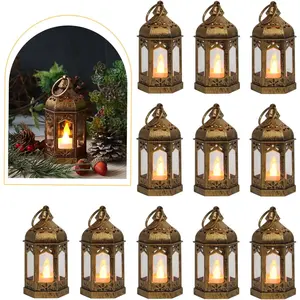 8 count Mini Lantern with LED Tealight,  Brown Lanterns Decorative, Hanging Candle Lanterns for Ramadan Christmas Wedding Table Centerpiece Indian Diwali Decor, Garden Fairy Party Decorations