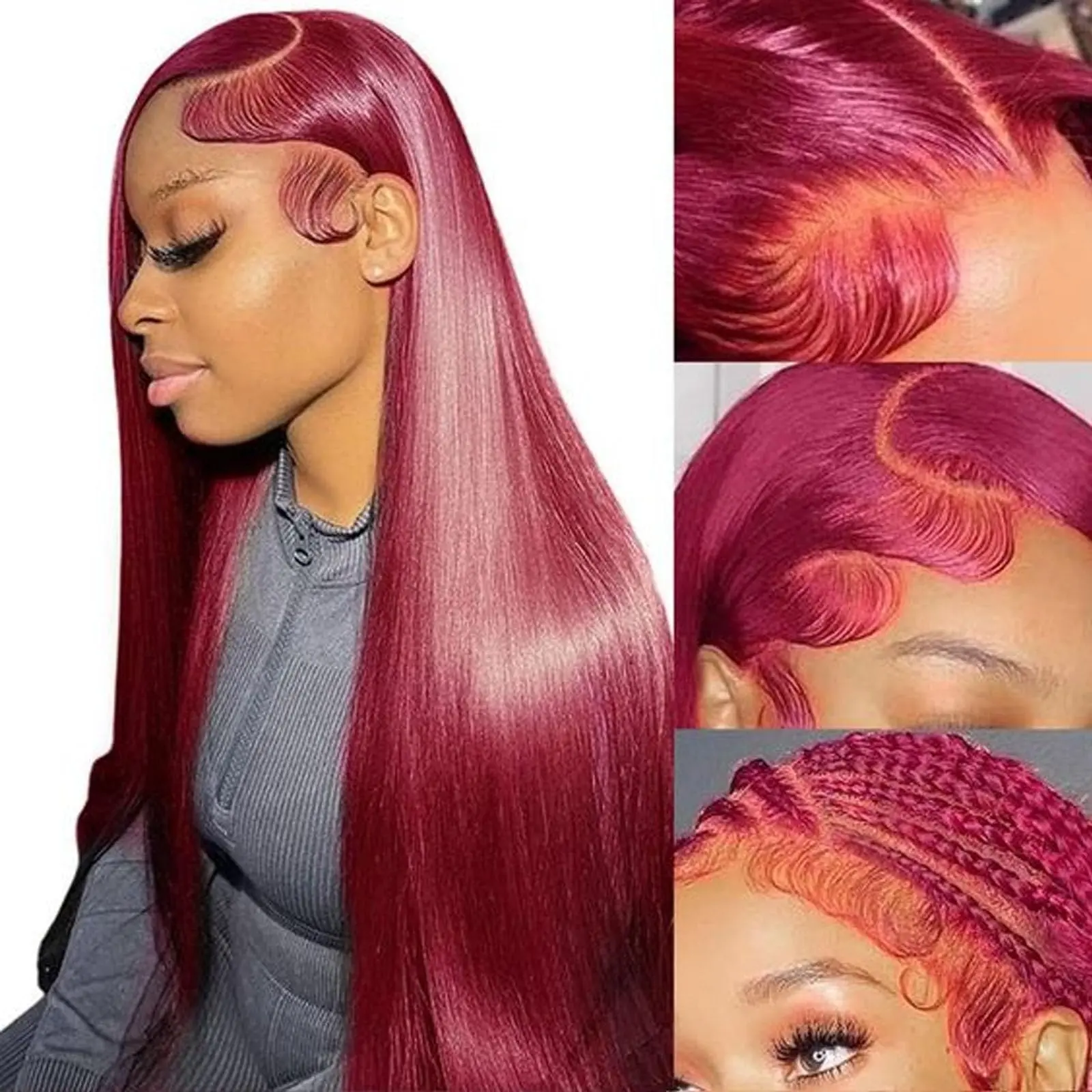 BB Face Burgundy 99J Lace Front Wigs Straight 13x6 HD Lace Frontal Wig Human Hair For Women Pre Plucked Red Colored Lace Wig 180% Density
