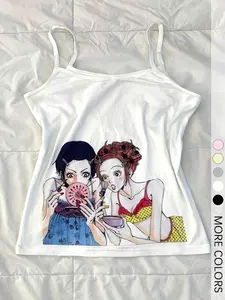 Women's White Sleeveless Tank Top with Cute Cartoon Girls Makeup Mirror Print, Y2K Graphic Casual Top for Daily Streetwear and Summer Outings