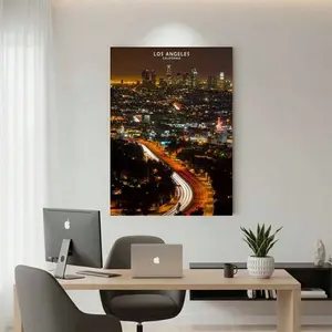Framed Canvas 1pc Framed Canvas Print Poster - Los Angeles Night Skyline Cityscape, Modern Lightweight Wall Art With Pine Frame, , Perfect For Home Or Office Decor, Ideal For Living Room, Bedroom, Dining Room, Bathroom, Office Wall Decor |   Vibrant Citys