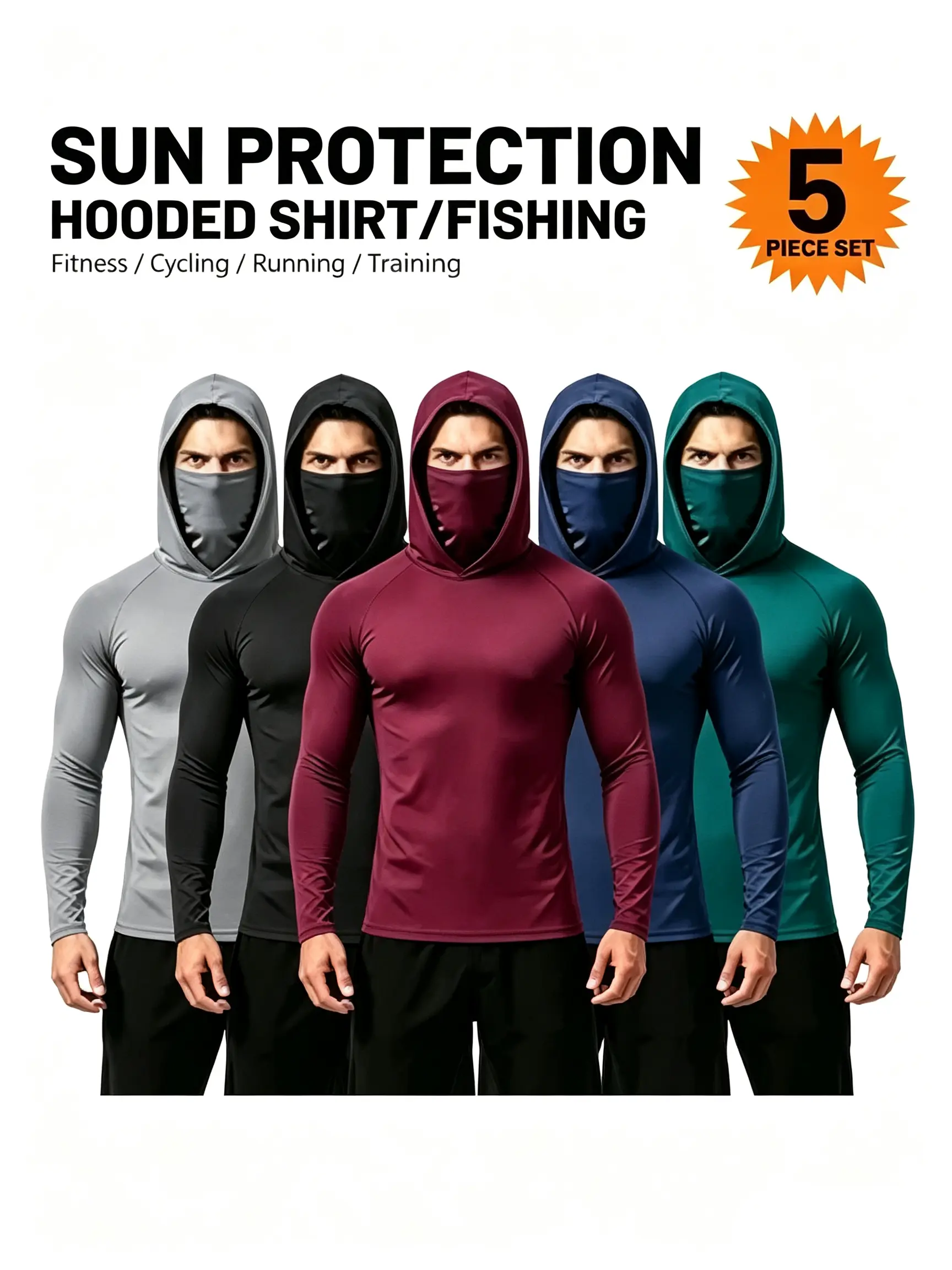 5 Pack Men's sudadera  con capucha para hombre Casual Hoodie Pullovers Multicolored Long Sleeve Lightweight UPF Sun Protection Soft Breathable Quick Drying Hoodies With Mask Comfort Multi-Occasion Wear Menswear Set Stylish Tops,  casual apparel men