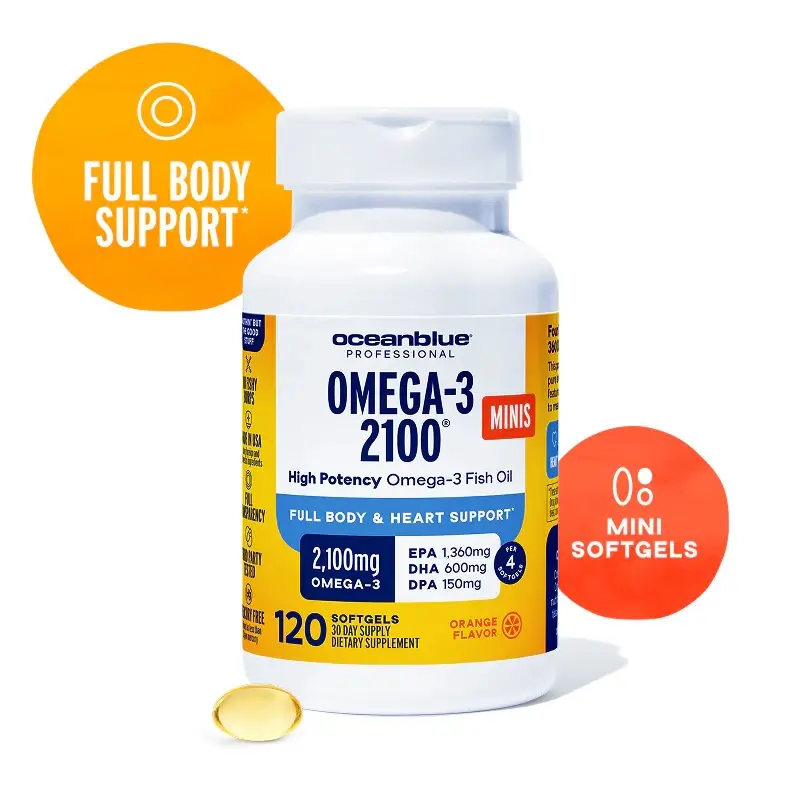 Oceanblue Professional Omega-3 2100mg Mini Fish Oil Softgels - Triple Strength, High Potency EPA, DHA & DPA - Burpless, Wild-Caught, Natural Orange Flavor - 120 Count