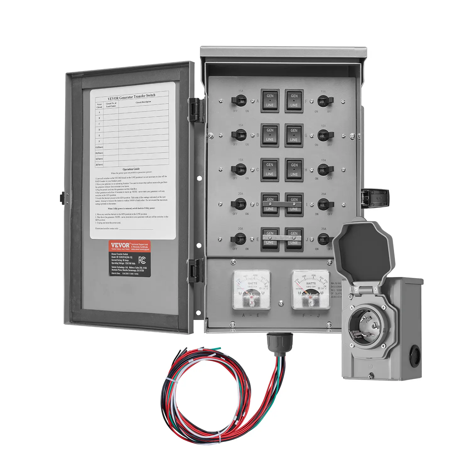 【Summerfinds】VEVOR Manual Transfer Switch,30-Amp 10-CircuitPrewired Generator Transfer Switch Kit with NEMA L14-30P Power Inlet BoxDouble-Throw SwitchNEMA 3RMechanical Watt Meterfor 7500W Generators