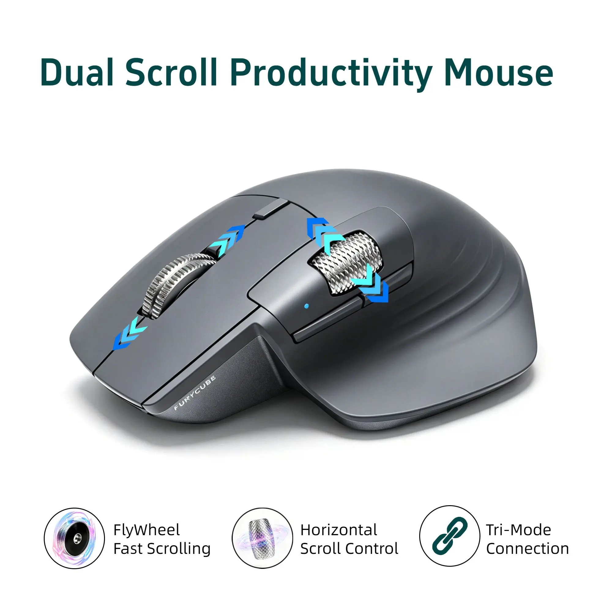 A1 Dual Scroll Wireless Productivity Mouse, Ergonomic Office Mouse with Fast Vertical & Horizontal Scrolling, Tri-Mode Multi-Device Connection, Silent Click, 6 DPI Levels, USB-C Rechargeable for PC, Mac & Laptop