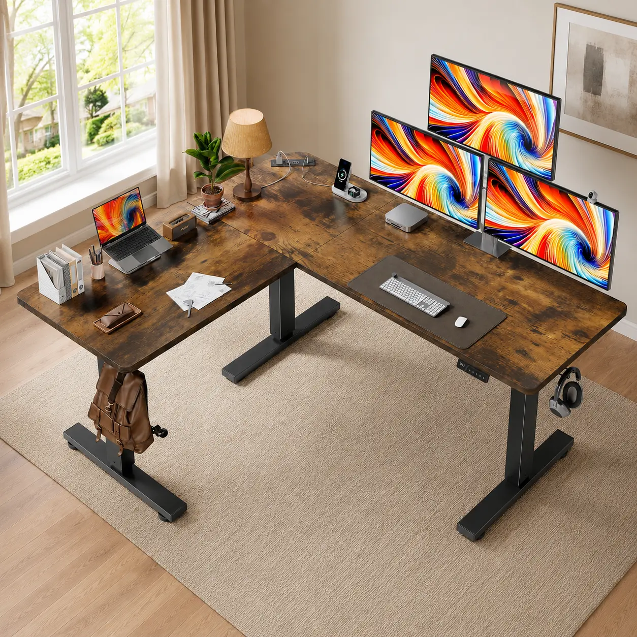 63"x55" Ergonomic Design Space-Saving Corner Standing Desk - Adjustable Commercial Office Computer Desk with Handy Power, Memory Preset, Hooks, Dual Monitor Setup, Riser (Rustic Brown Wood, Home/Office Use)