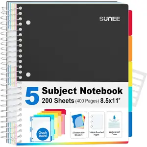 5 Subject Graph Paper Notebook  400 Pages, 8.5"x11", 4x4 Graph Ruled Notebook, 5 Pocket Colored Dividers, 3Hole Punched Paper, Black