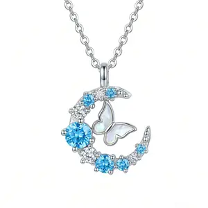 MIULUNA Moon Butterfly Necklace Blue Zirconia Sparkly Charm Pendant Minimalist Dainty Jewelry Gift Silver-Tone Fashion Chain Mother's Day Gifts