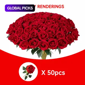 50 Pcs Realistic Rose Artificial Flowers, Long Stem Velvet Silk Material, Wedding Bouquet, Decorative Flowers Bouquet, Artificial Flower Decoration, Table Decor, Valentine's Day Gift, DIY Party, Pack #GLOBAL PICKS