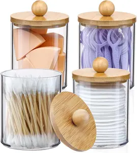 4 Pack Qtip Holder Dispenser with Bamboo Lids - 10 oz Clear Plastic Apothecary Jar Containers for Vanity Makeup Organizer Storage Bottles Bath