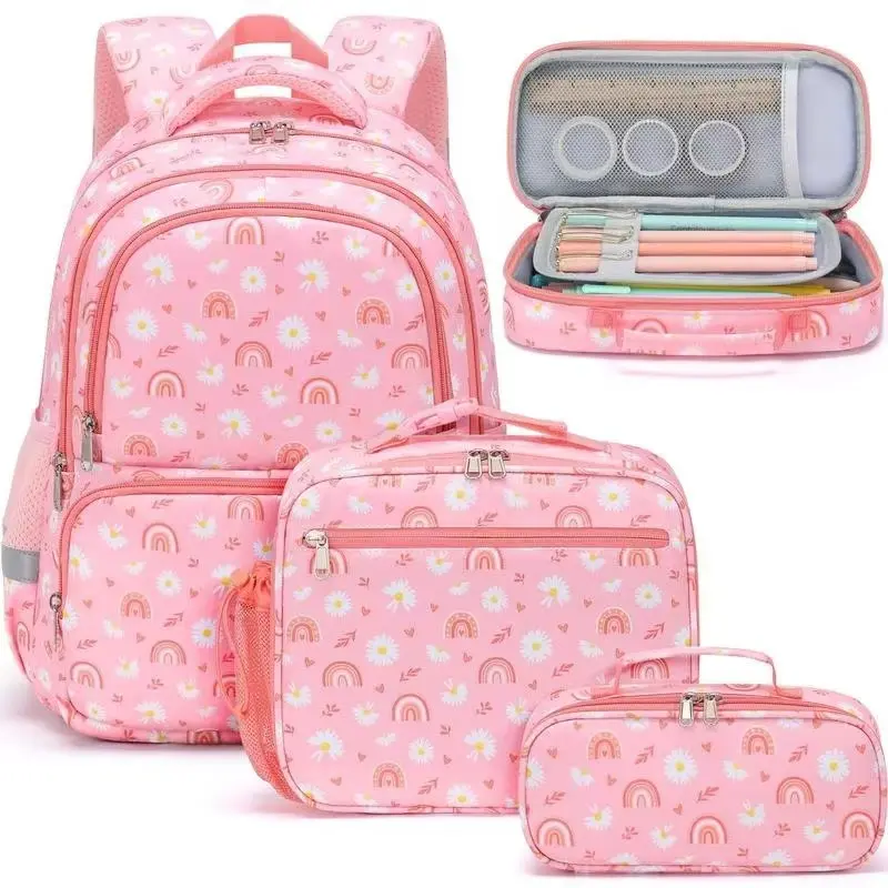Girls' 2026 Daisy Print Pink Rainbow Polyester 3-Piece Backpack Set - Lightweight, Waterproof, Spine Protection Bookbag with Thermal Lunch Bag & Large Pencil Case, Kindergarten-Primary Gift