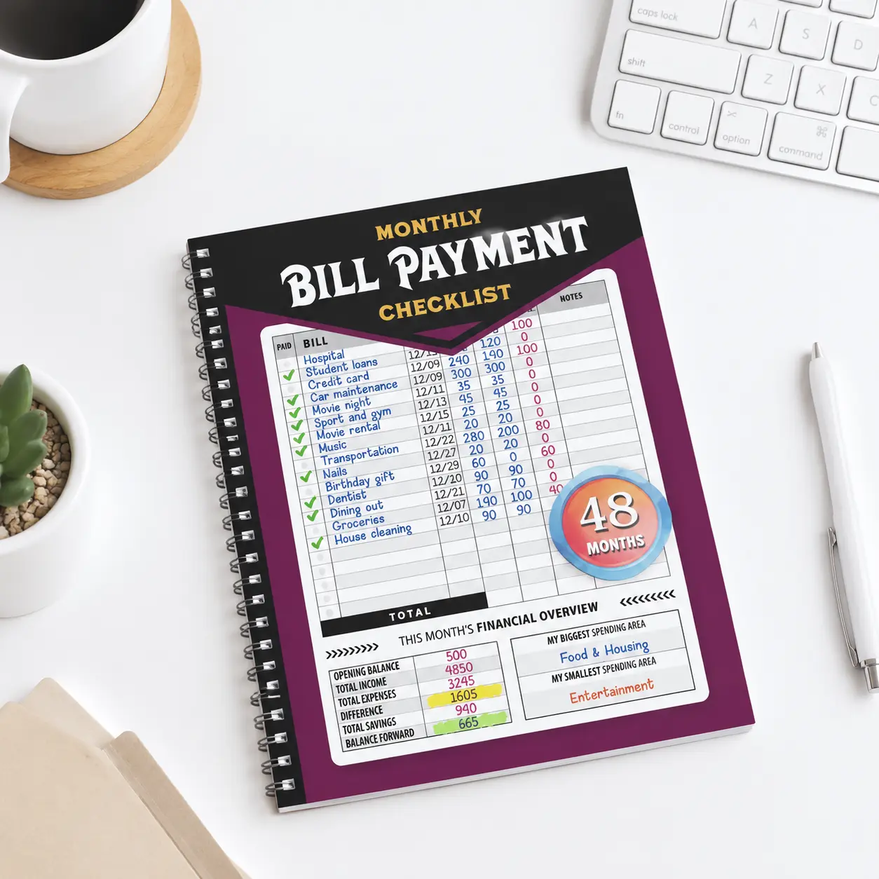 48-Month Personal Finance Notebook, for Household Budget Control & Bill Arrangement, Weekly Planner with Built-in Payment Checklist, Pink English Paper Financial Tracking Notepad