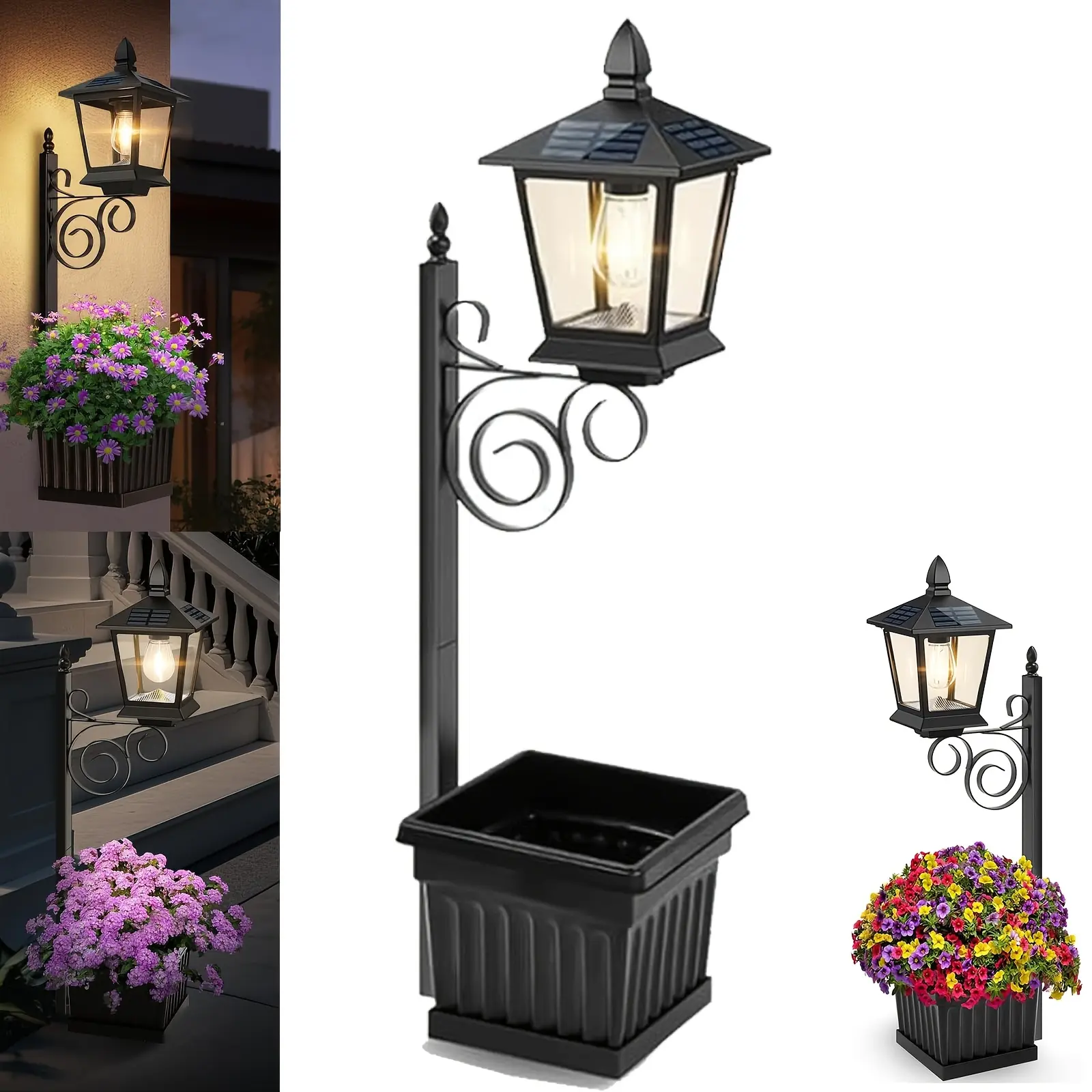 Outdoor dual-use solar light post with planter box, IP54 waterproof solar light post with planter box, solar planter that can be placed independently or wall-mounted, suitable for lawns, patios, and front doors