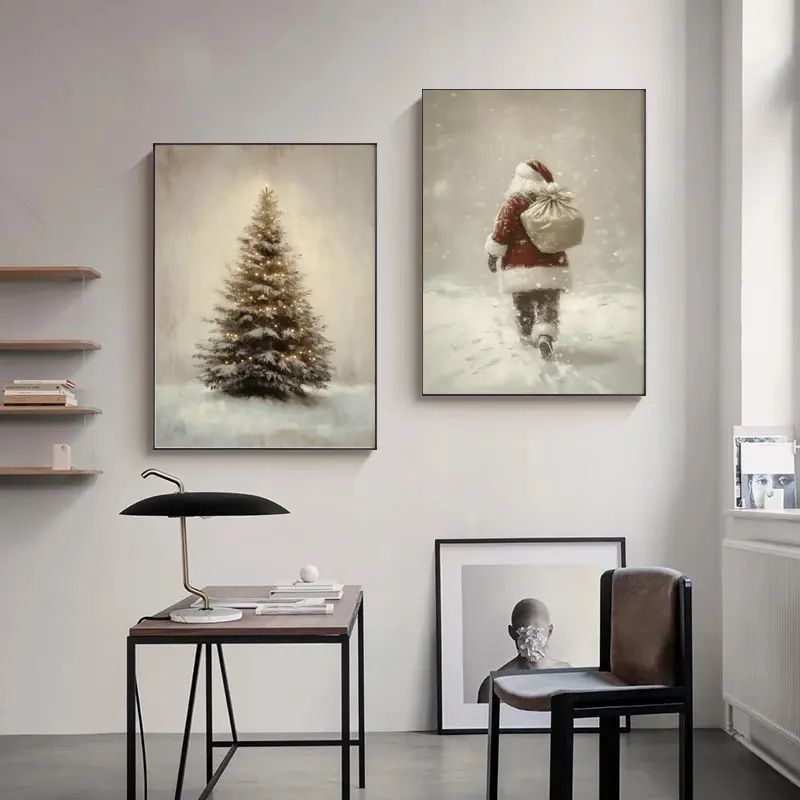 2PCS/set Unframed Vintage Design Christmas Wall Art, Farmhouse Christmas Decor Wall Art, Artwork, Winter Holiday Paintings, Christmas Prints Poster Decoration, Decoration Items