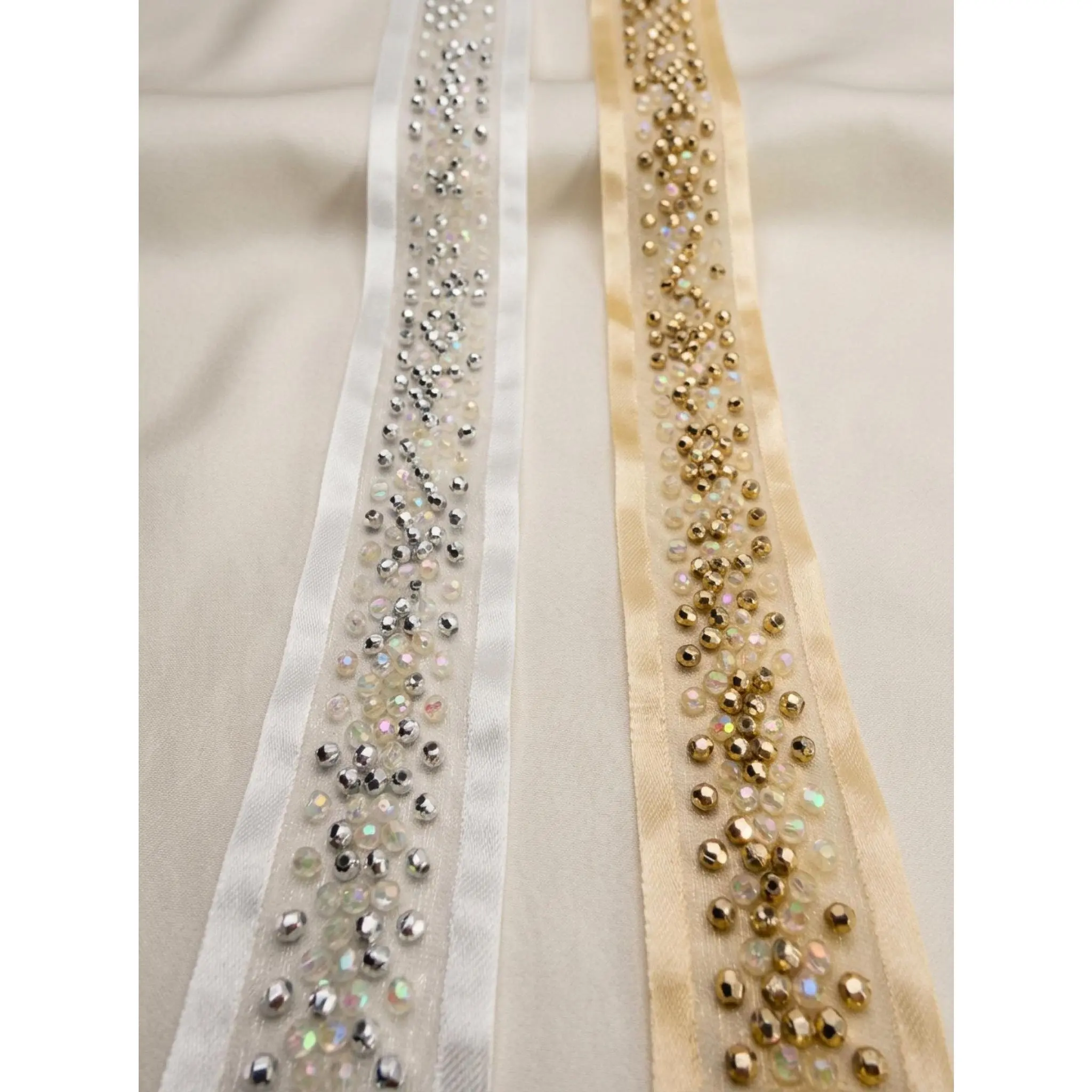 Luxury mixed beadsTrim – Gold or Silver Rhinestone Ribbon Trim – Self Adhesive or Sew On –  Evening Wear, DIY Designer Trim