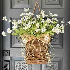 Cream Color Hydrangea Door Hanging Basket Wreath, Spring Front Door Decor, Bohemian Farmhouse Porch Decoration, 1 Piece, 13.7 Inches