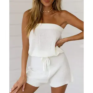 Women's 2-Piece Knitted Polyester Jumpsuit Set - Sleeveless Off-Shoulder Loose Romper with Elastic Waist, Minimalist Lightweight Soft Loungewear Overalls with Top and Sweater for Beach