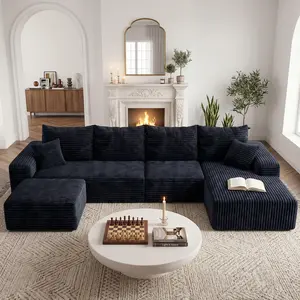 【Summer Vibes】Joylsle 137"W Modular U-Shaped Sanctuary - Organic Zen All-Foam Sectional, Premium Corduroy Boneless Lounge Sofa in Black or Grey, Zero Assembly - 3 Packages