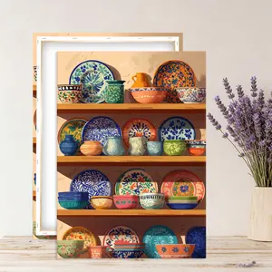 Mexican Pottery & Canvas Art, Wood-Framed Wall Decor, Rustic-Style Ceramic Utensil Holder Illustration, Mexican Candlestick, Still Life of Spoons and Fruit, Southwestern Style, Colorful Talavera Kitchen Art, Home Decor