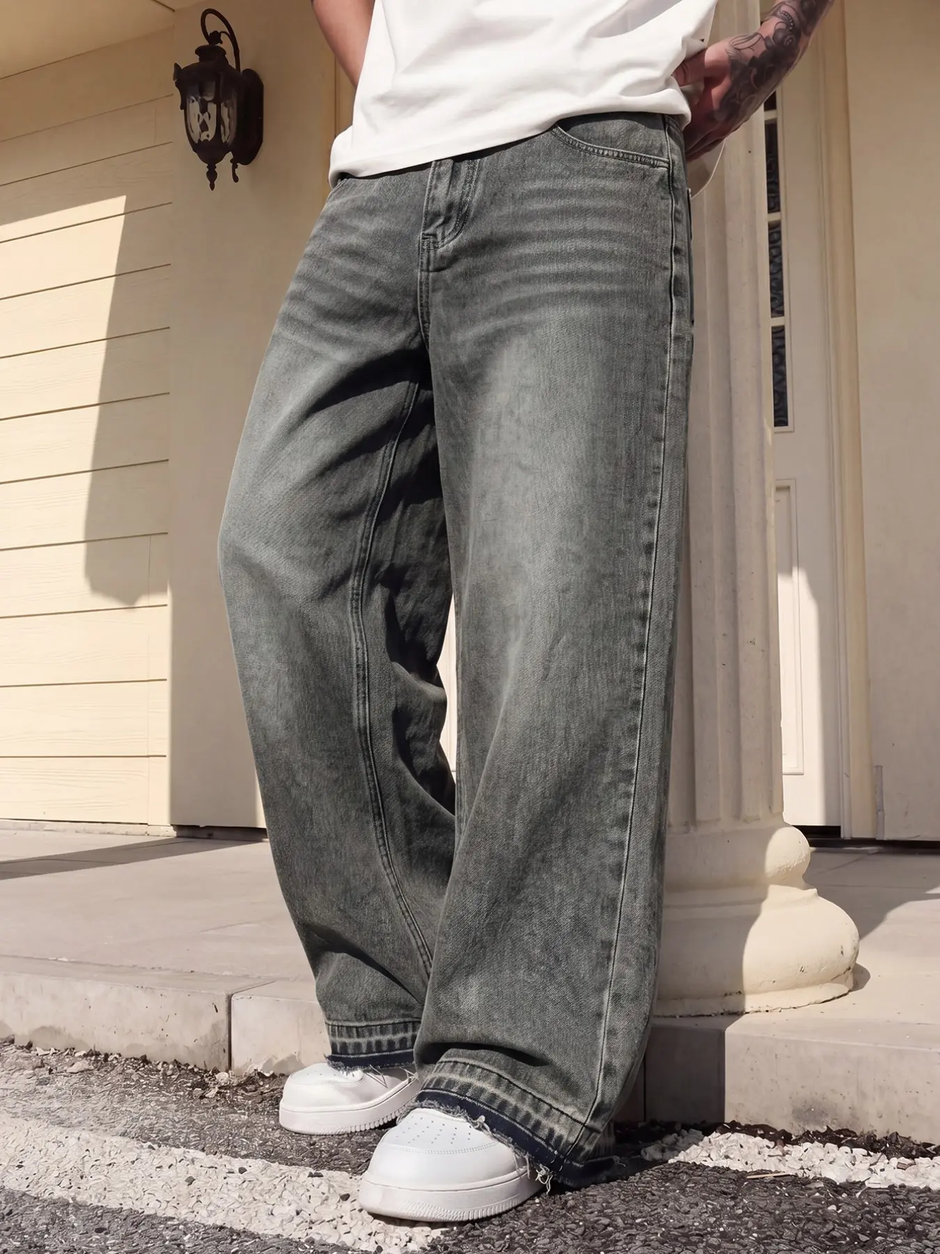 Men's Y2K Vintage Wash Loose Jeans, Classic, S Fits W32, Tag Size XS-W30 to XXL-W40, Frayed Hem Streetwear Denim Pants