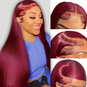 Bling Hair 99J Burgundy Red 13x6 Lace Front Human Hair Wigs Glueless Colored Straight 13x4 HD Lace Frontal Closure Wig 30 32 Inch Red Wig
