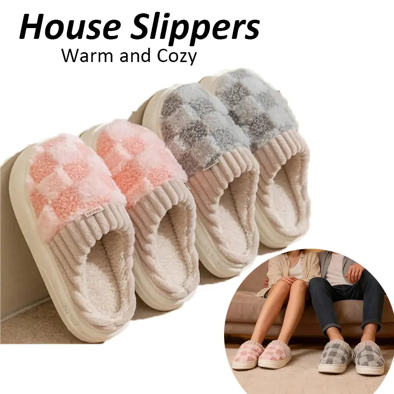 Women's Checkered Print Slippers, Cozy Plush Platform Slides with Soft Lining, Warm Slip On House Shoes with Rubber Outsole, Anyone Looking For Comfortable, Warm, And Stylish House Shoes, Synthetic Fiber, Indoor Wear, Thick Padding, House Slipper