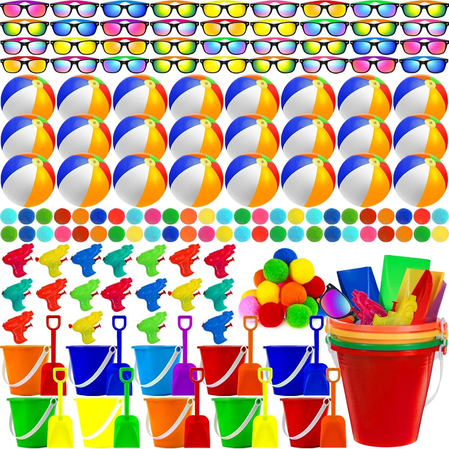 120 Pcs Kids Summer Beach Party Favors Sets- Includes 24 Inflatable Beach Balls Bulk, 18 Sand Bucket and 18 Shovels Set, 24 Neon Sunglasses Bulk, 18 Water Guns,18 Water Balls, Pool Party Gift Supplies