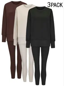 3PCK Women's Solid Drop Shoulder Sweatshirt & Elastic WaistPants Two-piece Set,Casual Cozy Comfortable Split Hem Long Sleeve Pullover & Skinny Trousers for Outdoor Daily Wear, Matching Sets for Women, Clothes, Everyday Womenswear