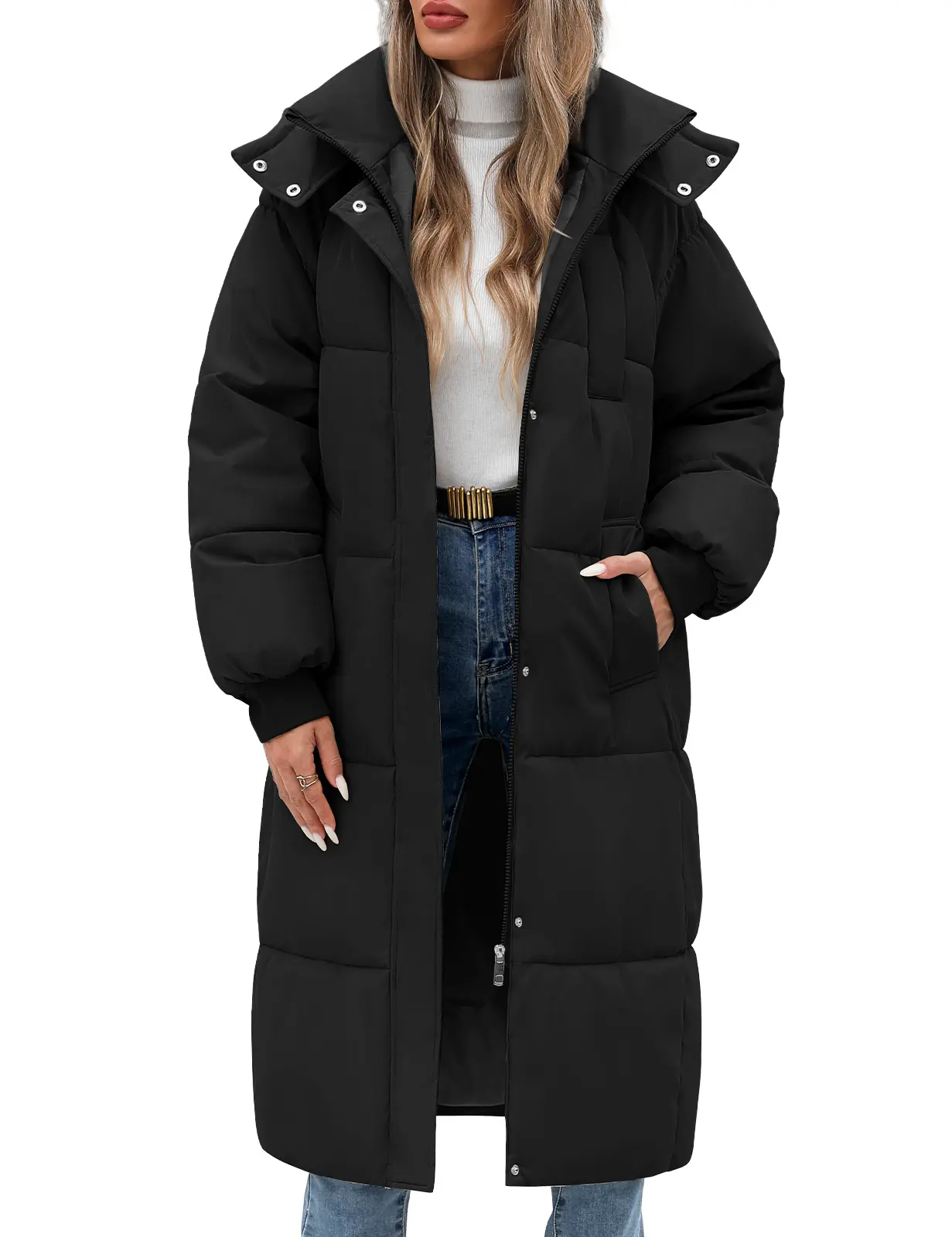 FASHORA Women's Long Quilted Coat Winter Thicken Warm Puffer Jacket Fashion Hooded Zip Up Parka Outerwear with Pockets Outdoor Style