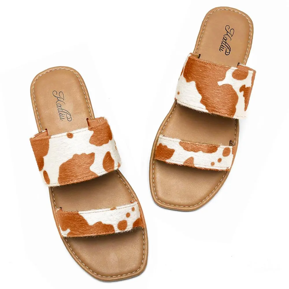 Women's Flat Sandals Two Strap Slide Sandals Square Toe Summervibes Rubber Walking Shoes