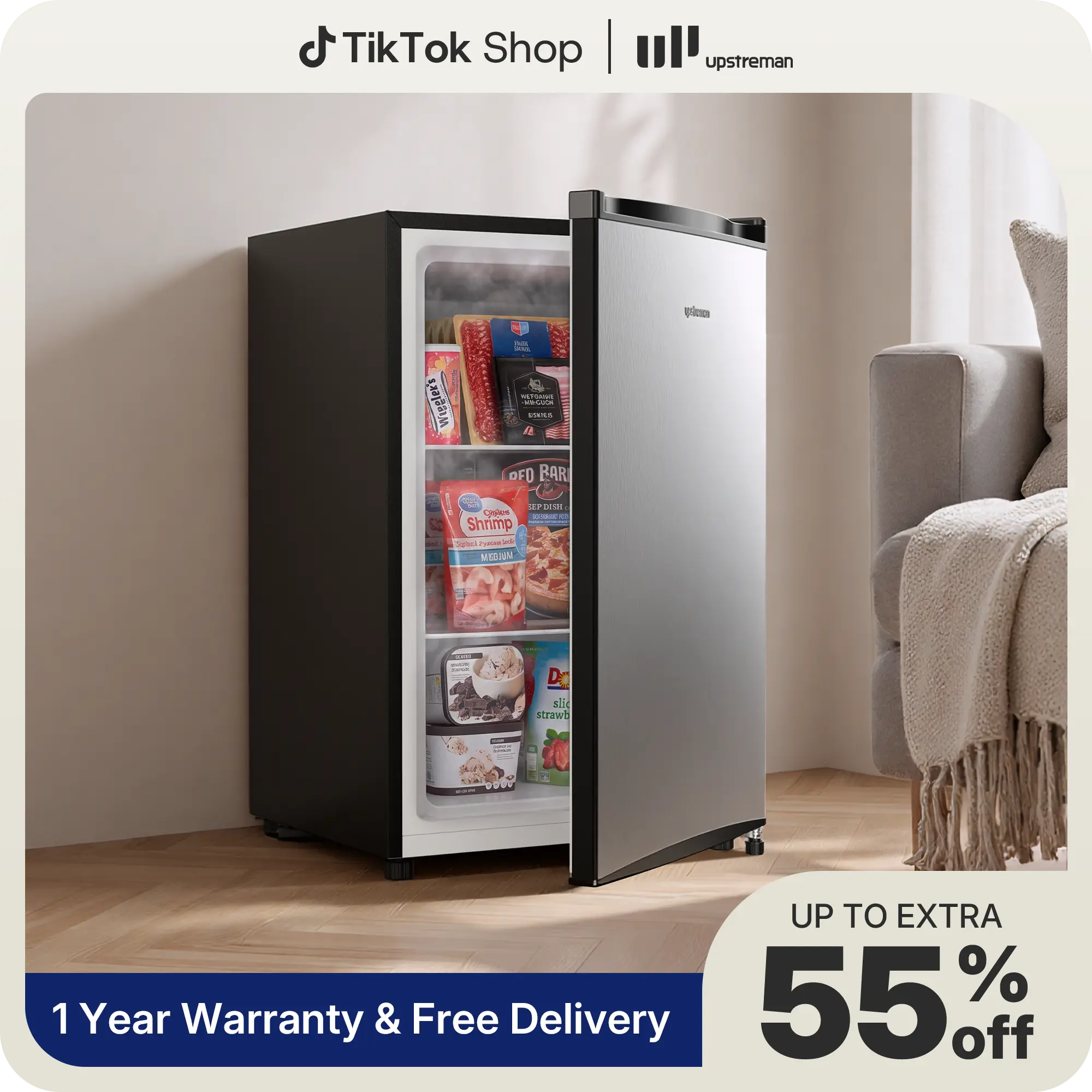 Upstreman 3.0 Cu.ft Small Compact Upright Mini Freezer - Lightweight, Reversible Door, Fast-Efficient Cooling, 5 Thermostats, Ice Trays, Defrosting Tools, -24°C/-12°C, 20.3" W x 18.9" D x 31.6" H, Easy Maintenance, Adjustable, for Apartment