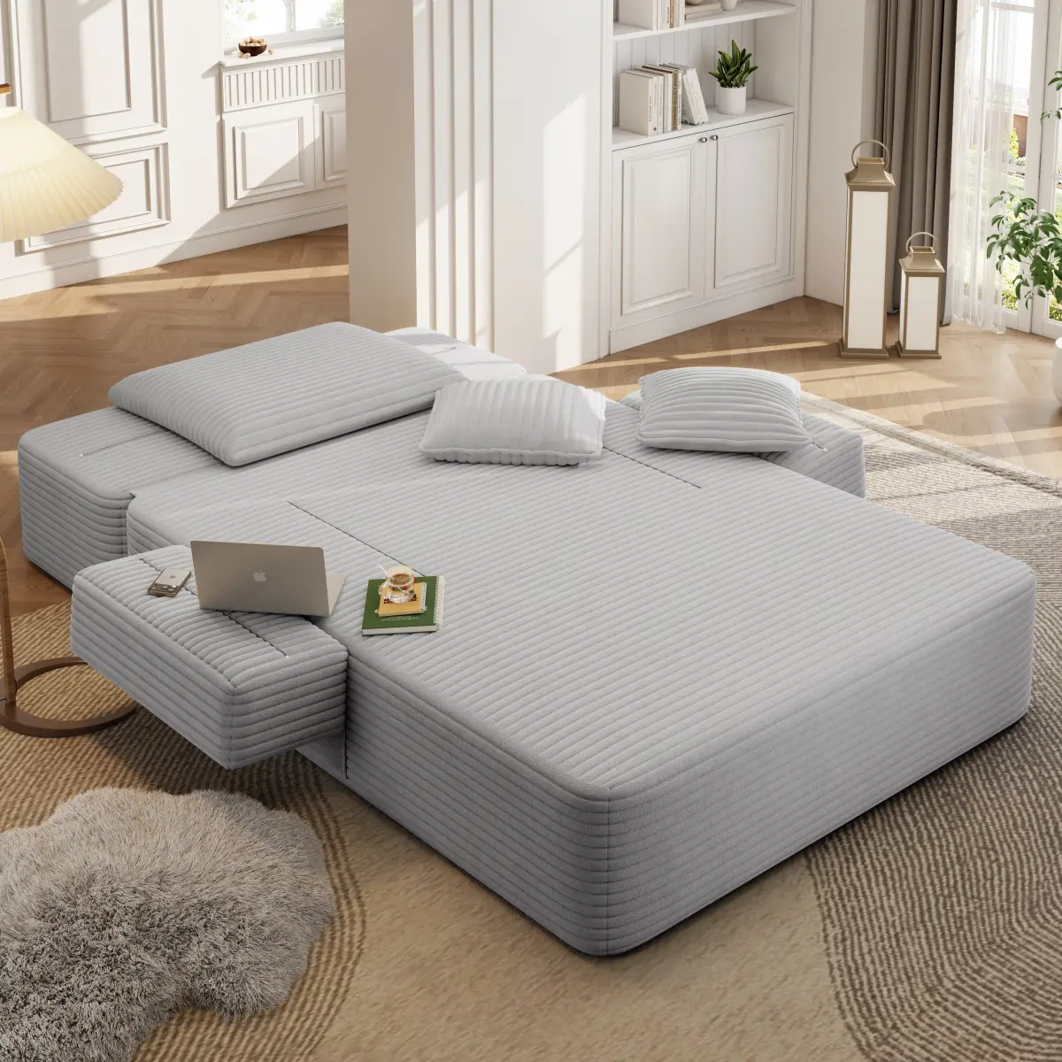 Luxury Corduroy Fabric Combination Sofa Bed - Convertible Futon Sofa, Frameless Design, Compression Foam, 3 Pillows, Storage Pocket, Small Space Indoor Furniture, Corduroy Fabric Sofa