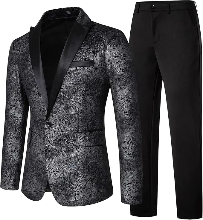 Men's Jacquard Tuxedo Jacket Blazer with Black Pants Formal Wedding Prom Suit - Black M,L,XL