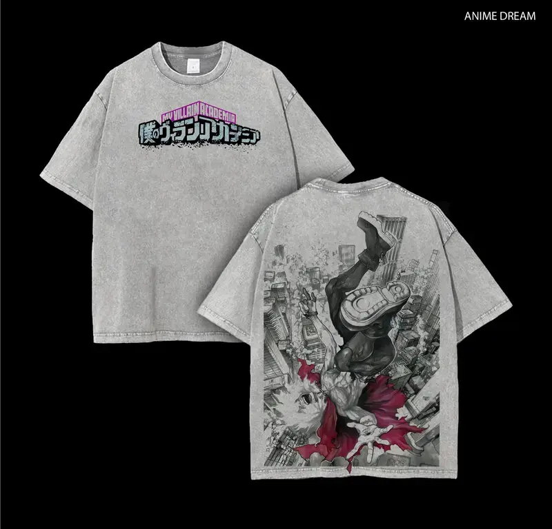 Tomura Shigaraki My Villan Academia Anime Double Printed Vintage Washed Tee Unisex Oversize Anime Manga Washed Heavyweight Cotton T-shirt