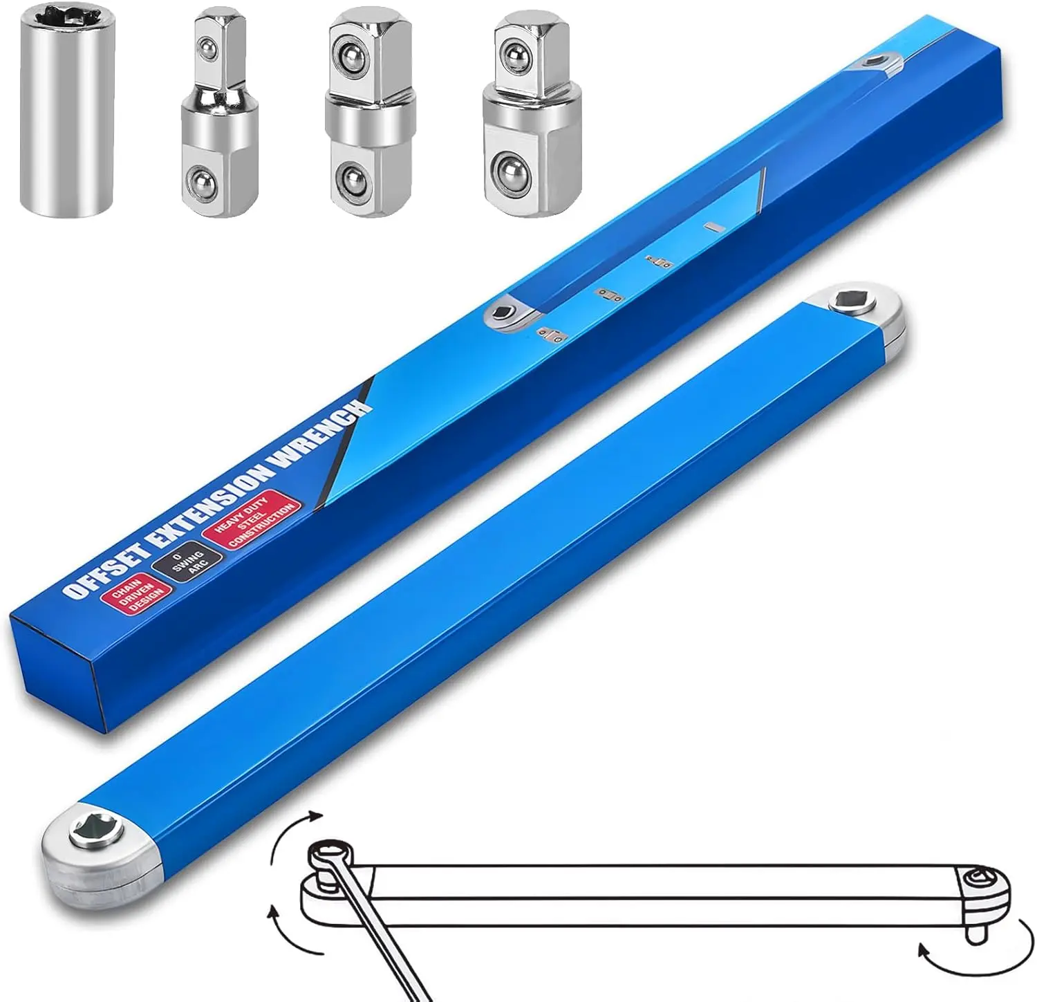 Heavy Duty Steel Offset Extension Wrench, Tight Reach Extension Wrench Set, with 1/2", 1/4" and 3/8" Square Drive Adapters, Ideal for Tight Spaces, Cramped Areas & Hard-to-Reach Fasteners, TikTokShopBlackFriday