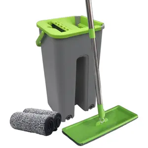 Flat Mop and Bucket Set with Wringer Hands Free Cleaning System Includes 3 Reusable Microfiber Pads and 66 Inch Stainless Steel Handle for Wet and Dry Home Floor Cleaning