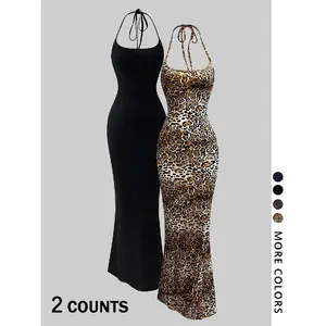 Women's 2-Piece Leopard Print Sleeveless Clothing Set - Multi-Color Strap Camisole, Floor-Length Slim-Fit Bodycon Skirt, Stretch Fabric, Brown/Black, All-Season, Ideal for Date Night, Coquette Aesthetic