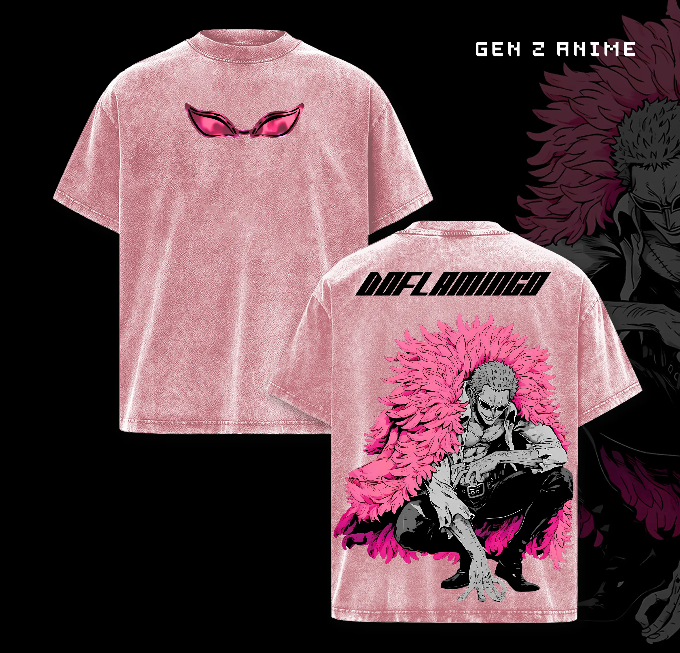 Limited Doflamingo Smile - One Piece OP 1.111 Oversized Washed Tee, Retro Unisex Graphic 90s Vintage Anime Manga Acid Washed Lightweight Cotton Washed Tee, Gift For Anime Fan, Anime Y2K Streetwear T-Shirt