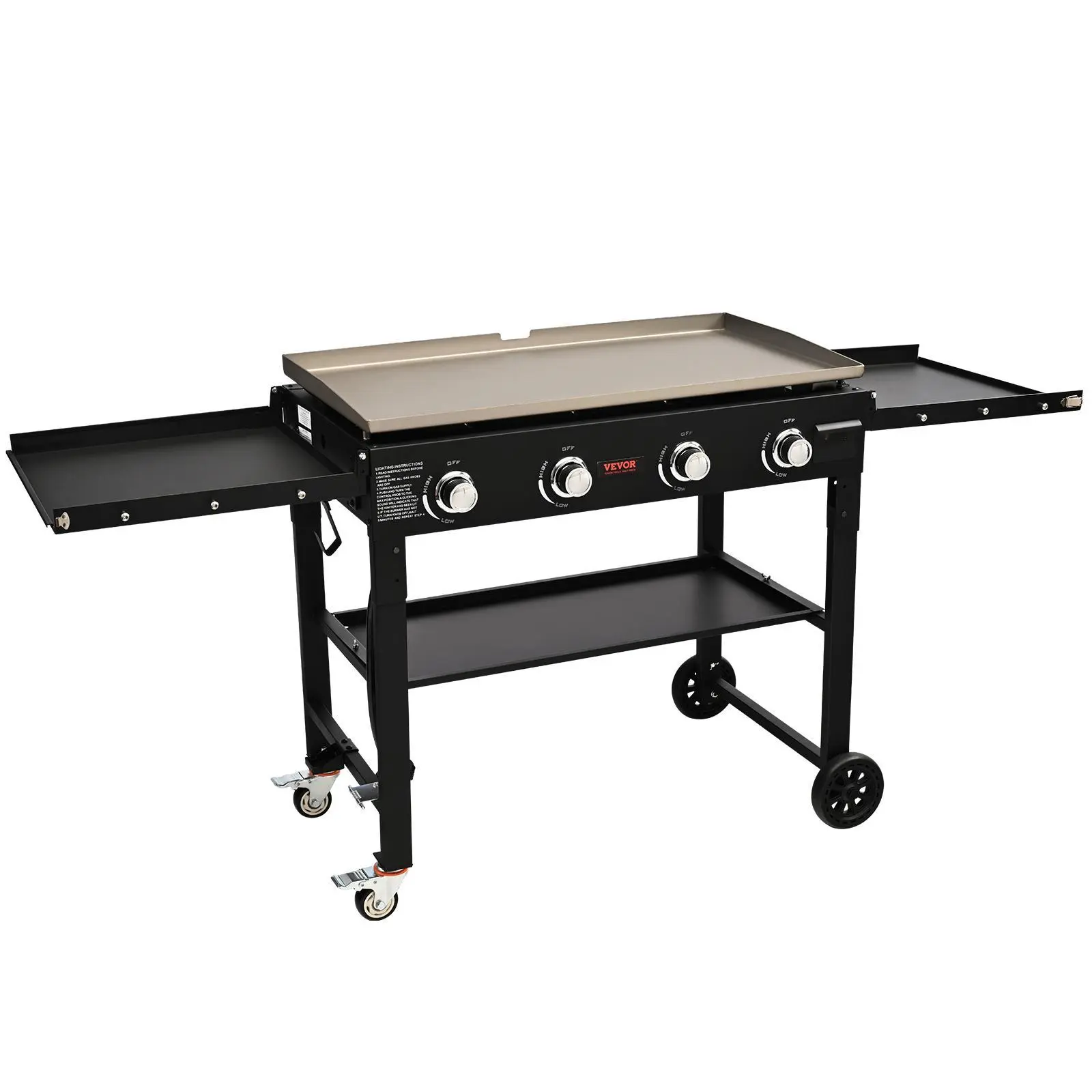 【Summerfinds】VEVOR Commercial Griddle on Cart, 22" Heavy Duty Manual Flat Top Griddle, Outdoor Cooking Station with Side Shelves, Steel LPG Gas Griddle, 4-Burners Restaurant Portable Grill - 60,000 BTU