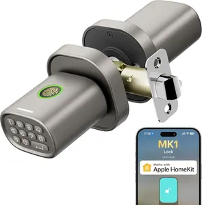HomeKit Lock Over   Fingerprint Lock with Keypad Door Knob, HomeKit Hub ,   for Interior Door, Bedroom, Office, MK1 Titanium