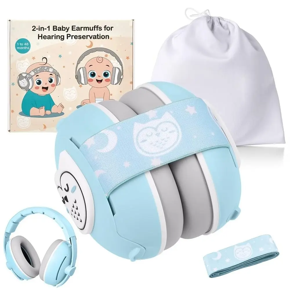 SQ-HPS020 2-in-1 Wireless Audio Kid Headset, Adjustable Band Noise Cancellation Ear Muffs, Airplane/Outdoor Essentials, Blue