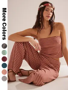 Women's Striped Print Crop Tube Top & Wide Leg Pants Set Street Fashion Casual Two-piece Summer Outfit for Daily Wear Athletic Leisure