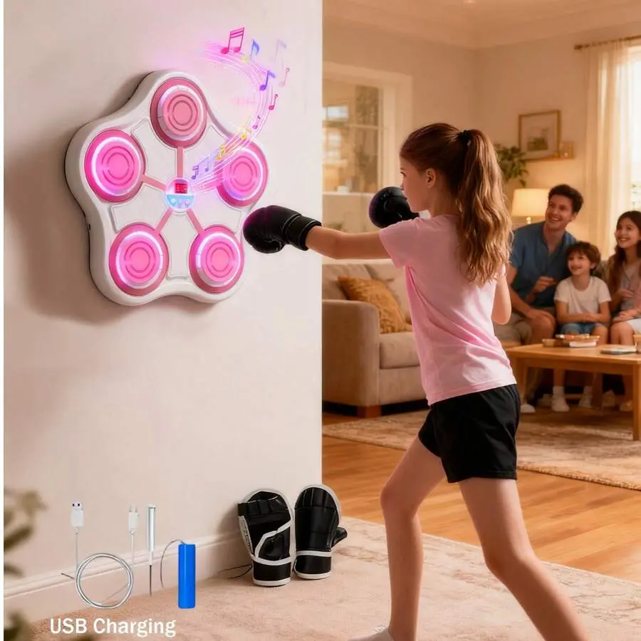 Smart Music Boxing Machine Set, Wall-Mounted ABS Home Workout Equipment for Adults & Kids, with Bluetooth, LED Display & Gloves for Stress Relief, Boxing Set, Training Boxing Equipment, Unisex, Cool Lights, Interactive, 9 Modes, Bluetooth Audio